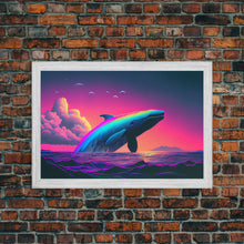 Load image into Gallery viewer, Humpback whale breaching a rainbow, vaporwave art, synthwave animal print, framed canvas print
