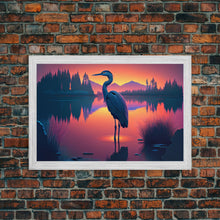 Carregar imagem no visualizador da galeria, A stork standing in a calm lake at sunset, framed canvas print
