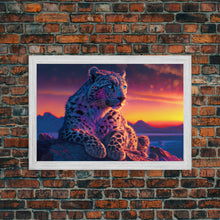 Load image into Gallery viewer, Portrait of a leopard at sunset, vaporwave art, framed canvas print, framed wall art, animal prints
