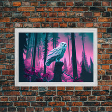 Load image into Gallery viewer, White owl in synthwave forest, vaporwave style animal print art, framed canvas print
