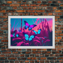 Load image into Gallery viewer, Beautiful butterfly art, vaporwave aesthetic pastel art, framed canvas print, synthwave art
