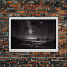 Carregar imagem no visualizador da galeria, Black and white Watercolor of a starry night sky over the planes of Texas, framed canvas print
