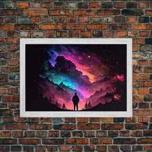 Cargar imagen en el visor de la galería, Contemplating the Universe, retro style space art, framed canvas print, synthwave space decor
