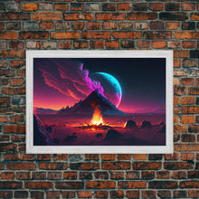 Load image into Gallery viewer, Campfire under a Full Moon, Framed canvas print, retro synthwave / outrun style primitive home decor
