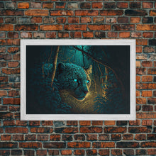 Load image into Gallery viewer, Blue Eyed Black Panther, framed canvas print, unique wall art, wildlife canvas art, living room wall art
