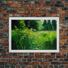 Load image into Gallery viewer, Beautiful field of wildflowers, Emerald green watercolor, framed canvas print, living room wall decor

