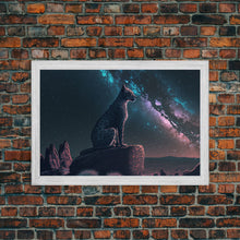 Load image into Gallery viewer, Cheetah overlooking the valley, synthwave retro style animal prints, framed canvas print, framed wall art, starry Africa night sky
