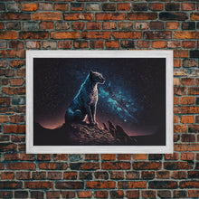 Load image into Gallery viewer, Cheetah Print, Synthwave Animal Prints, Cheetah and a starry night sky, framed canvas print, cute animal art

