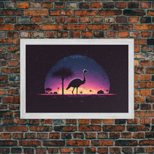Load image into Gallery viewer, Emu Art | Framed Canvas Print | Synthwave Style Framed Wall Art | Animal Prints | Emu Walks Under A Full Moon | Kid&#39;s Room Decor
