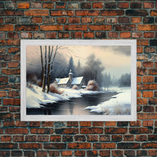 Cargar imagen en el visor de la galería, Snow Covered Landscape Art | Church Art | Framed Canvas Print | Snowy Winter Scene | Boho Minimalist Modern Art
