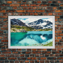 Load image into Gallery viewer, Watercolor painting canvas print of a mountain lake landscape, framed canvas print, framed wall art
