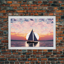 Load image into Gallery viewer, Sailing Under a Stained Glass Sky, Framed Canvas Print, Canvas Art, Nautical Art Deco Style Sunset Art
