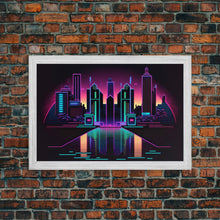 Cargar imagen en el visor de la galería, Retro Style Synthwave Wireframe City, Outrun Style, Framed Canvas Print, 80s Vibes Art
