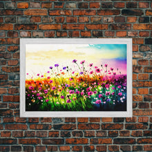 Load image into Gallery viewer, Field Of Rainbow Colored Wild Flowers, Watercolor, Framed Canvas Print, Original Art, Large Format Art, huge living room art
