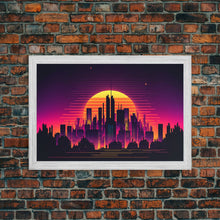 Load image into Gallery viewer, Outrun Style Futuristic Cyberpunk City Skyline at Sunset, Concept art, framed canvas print, dystopian art
