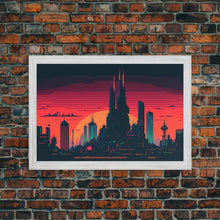 Load image into Gallery viewer, Outrun Style Pixel Art Futuristic Cyberpunk City Skyline at Sunset, Concept art, framed canvas print, dystopian art
