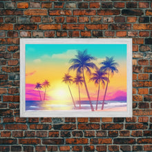 Load image into Gallery viewer, Colorful sunset Wall art, Framed Canvas Print, Synthwave Style, Guest room art, Pop Art Style, Watercolors, Beautiful art, Tropical Art
