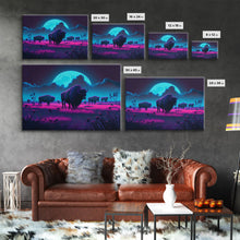 Load image into Gallery viewer, American Buffalo, Retrowave art, herd of Bison and a full moon, framed canvas print

