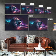 Cargar imagen en el visor de la galería, Cosmic Roar, lion roaring at the stars, synthwave galaxy and lion art, framed canvas print, unique framed wall art
