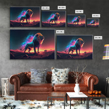 Load image into Gallery viewer, Cosmic roar watercolor, Lion staring at the stars over Africa, framed canvas print, unique vibrant wall art
