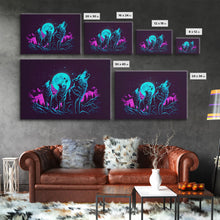 Load image into Gallery viewer, Howl at the moon - turquoise wolf pack howling at the moon, framed canvas print, vaporwave art
