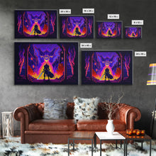 Load image into Gallery viewer, 8 bit Pixel art, RPG video game concept art, Paladin faces the Dragon, synthwave style, framed canvas print
