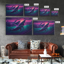 Load image into Gallery viewer, 3 Blue Whales Breaching at Sunset, vaporwave synthwave ocean art, framed canvas print
