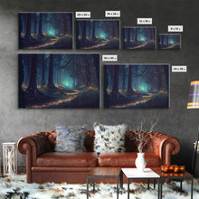 Load image into Gallery viewer, The magical enchanted forest is lit brightly with fireflies at night, framed canvas print, fantasy art
