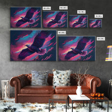 Carregar imagem no visualizador da galeria, Bald eagle in flight, vaporwave aesthetic art, eagle against a pastel sunset sky, framed canvas art, framed print
