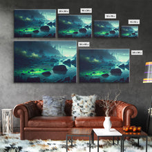 Cargar imagen en el visor de la galería, Bioluminescent glowing river, cool nature watercolor art, framed canvas print
