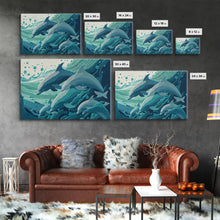 Load image into Gallery viewer, Dolphins in the Ocean, Turquoise dolphin art, framed canvas print, wall art with frame
