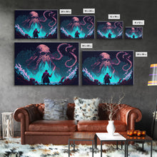 Load image into Gallery viewer, Warrior Vs Cthulhu, RPG concept pixel art, framed canvas print, outrun video game art
