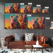 Cargar imagen en el visor de la galería, Cute Koala bear at sunset, vaporwave animal art, framed canvas print, framed wall art, ready to hang
