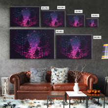Load image into Gallery viewer, Synthwave Starry Night Time Lapse in a pine tree forest, framed canvas print, timelapse art
