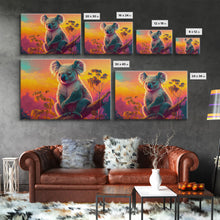 Load image into Gallery viewer, Cute Koala bear at sunset, vaporwave animal art, framed canvas print, framed wall art, ready to hang, synthwave art
