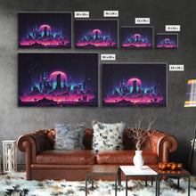 Load image into Gallery viewer, Cyberpunk city skyline superimposed over a sunset, synthwave style dystopian  art, framed canvas print
