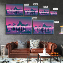 Load image into Gallery viewer, Penguins on the nice, cute animal prints, framed canvas print, synthwave / vaporwave art
