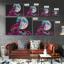 Load image into Gallery viewer, Howl at the moon, wolf art, framed canvas print, synthwave / vaporwave art
