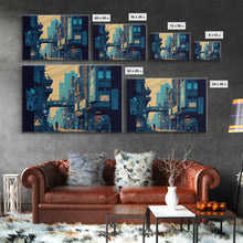 Load image into Gallery viewer, 8 bit pixel art cyber punk city, video game concept art, framed canvas print, game room art
