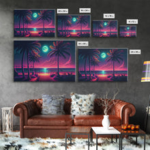 Load image into Gallery viewer, Outrun style full moon lit beach, framed canvas print, synthwave palm tree &amp; beach art
