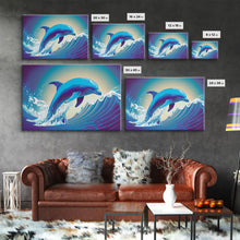 Load image into Gallery viewer, Dolphin riding a wave, cute animal prints, vaporwave animal art, framed canvas print
