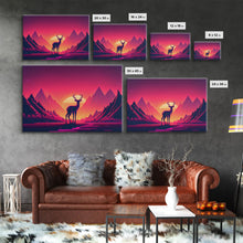 Load image into Gallery viewer, Deer at sunset, outrun style nature animal print, framed canvas print, sunrise art
