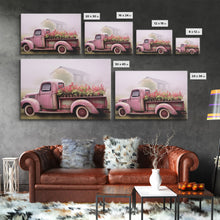 Load image into Gallery viewer, Framed Picture of old truck with beautiful flowers in bed of truck, farmhouse living, old barn, farmhouse distressed, framed canvas print
