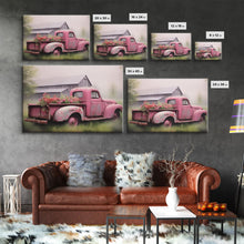 Load image into Gallery viewer, Framed Picture of old truck with beautiful flowers in bed of truck, farmhouse living, old barn, farmhouse distressed, framed canvas print

