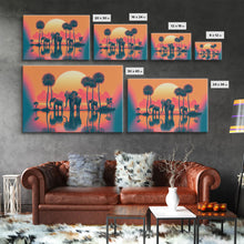 Load image into Gallery viewer, Sun beading down on a family of Elephants, framed canvas print
