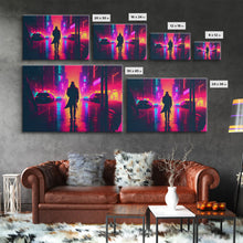 Load image into Gallery viewer, Cyberpunk bounty hunter art, vaporwave synthwave dystopian cityscape, framed canvas print
