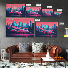 Load image into Gallery viewer, Pink Flamingos, Vaporwave aesthetic style art, framed canvas print, framed wall art
