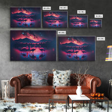 Load image into Gallery viewer, Pink Flamingos against a starry night sky, synthwave vibes, framed canvas print, framed art
