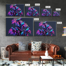 Load image into Gallery viewer, Synthwave Tropical Birds, Parrot Art, Framed canvas print, framed wall decor, vaporwave animal print
