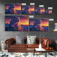 Load image into Gallery viewer, Portrait of a leopard at sunset, vaporwave art, framed canvas print, framed wall art, animal prints
